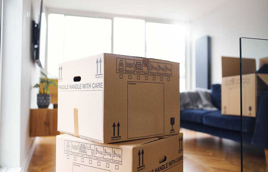 stock photo close removal boxes stacked lounge ready moving moving out home